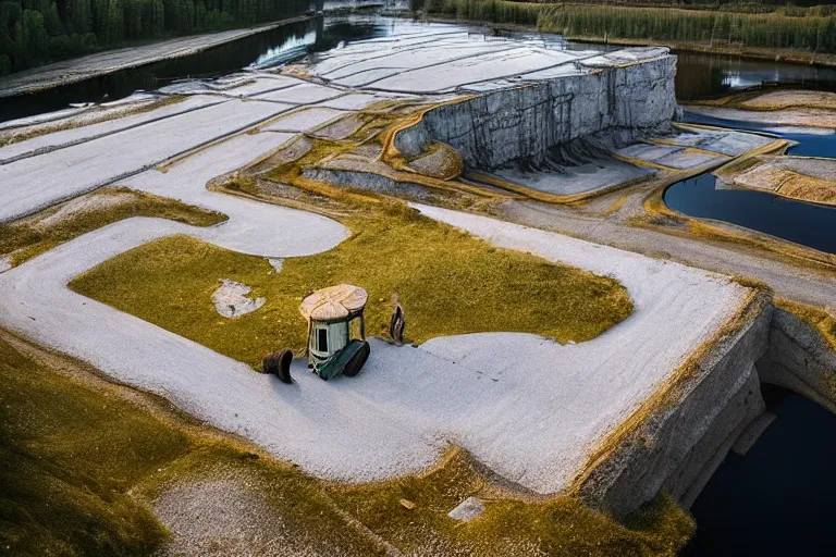 Prompt: an abandoned water - filled lime quarry. the water filled quarry is located in oland, sweden. golden hour, portrait, dslr, 3 5 mm, wide angle, the happiest childhood summer memories, magical realism photograph by erik johansson