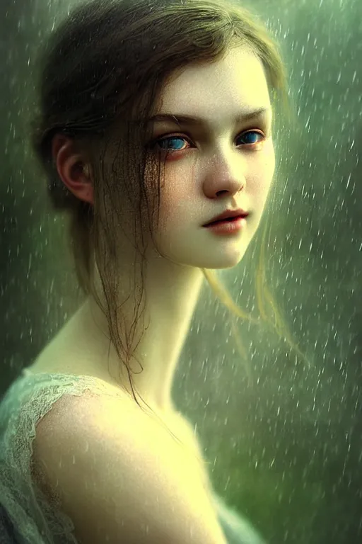 Image similar to beautiful photograph by alexey gurylev, portrait in the center of the face, wonderful eyes, cottage care, self - confident, fog, rain, volumetric lighting, soft light particles floating next to her, illustration, perfectly shaded, often drawn, works by krenz kushart, wenjun lin, alphonse mucha