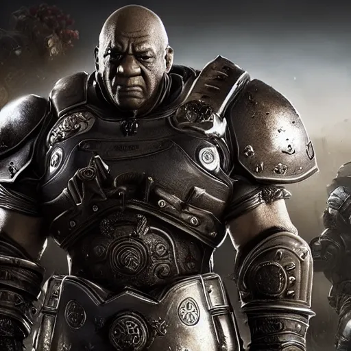 Image similar to Bill Cosby as 'Crusader-Patriot-Knight'!! in Gears of War, splash art, movie still, detailed face, photorealistic facial features, cinematic lighting, dramatic, octane render, long lens, shallow depth of field, bokeh, anamorphic lens flare, 8k, hyper detailed, 35mm film grain