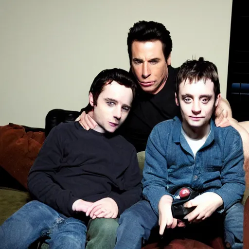 Prompt: john travolta and elijah wood sitting on a couch playing xbox ps 2