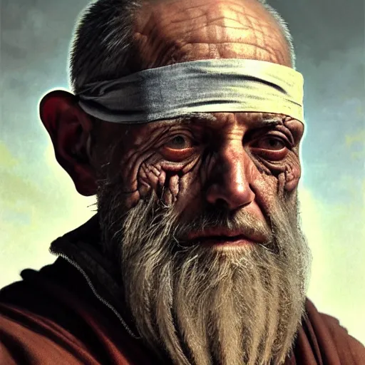 Image similar to portrait painting of a post - apocalyptic older american man blindfolded and wearing monk garbs with a scrap pauldron, ultra realistic, concept art, intricate details, eerie, highly detailed, photorealistic, octane render, 8 k, unreal engine. art by artgerm and greg rutkowski and charlie bowater and magali villeneuve and alphonse mucha