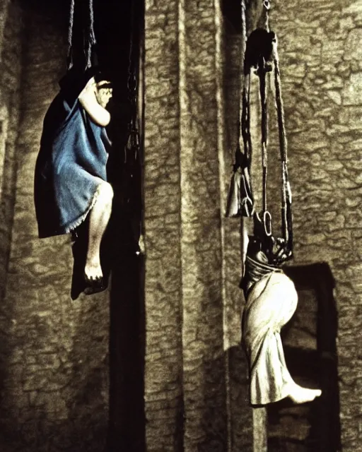 Prompt: color Photograph of Charles Laughton dressed as Quasimodo swinging from a Bell Tower, atmospheric, cinematic