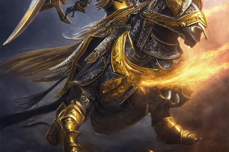Prompt: an ultra detailed portrait of saladin as a warhammer paladin charging into battle wearing bright gold armor and huge flaming longsword blessed by god, epic anime fantasy, 8 k, volumetric lighting, smooth, highly detailed, digital illustration, art by kentaro miura and akira toriyama and artgerm