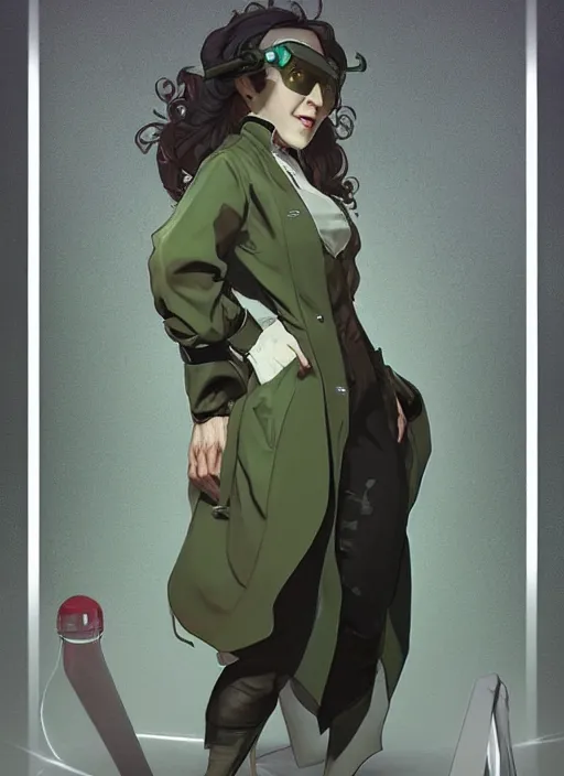 Image similar to a full body character design by artgerm, cushart krenz, greg rutkowski and alphonse mucha. mad scientist woman lab coat!! green plasma laser gun!! bold outline sharp edges. ultra clear detailed. 8 k. ultra detailed, elegant, intricate, octane render.