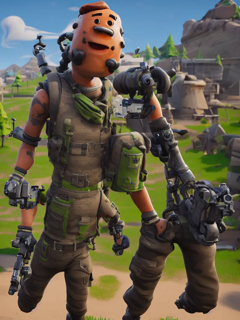 Image similar to lone fortnite character of anthropomorphic pickle with kind eyes and a derpy smile. wearing a flak jacket ammo bandolier cargo pants black combat boots. single fortnite design, unreal engine, highly detailed