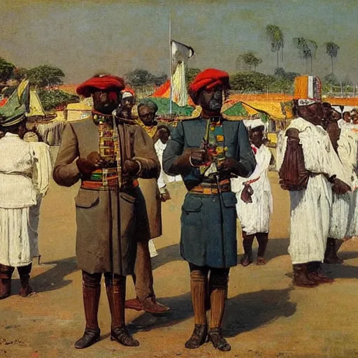 Image similar to british colonial officers in Lagos, 1905, bright colours highly detailed, oil on canvas, by Ilya Repin