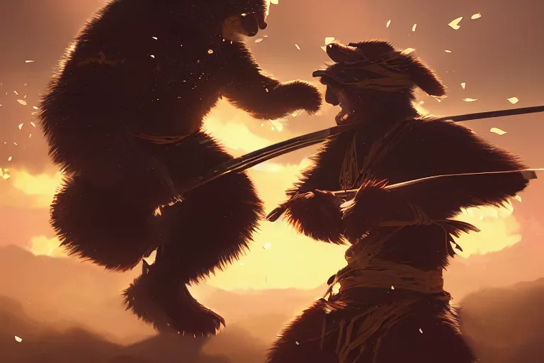 Image similar to an environmental concept art of samurai anthropomorohic black bear, samurai duel, sakura petals blowing in the wind, highly detailed, environmental light, epic, 8 k, artstation, deviantart, award winning, cinematic by francis tneh