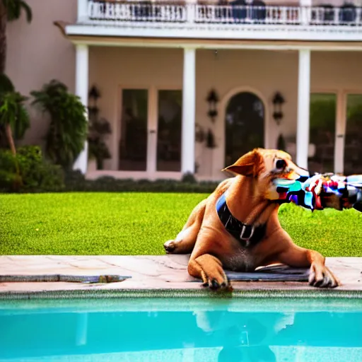 Image similar to a very detailed photo of a dog smoking a cigar outside the mansion by the pool