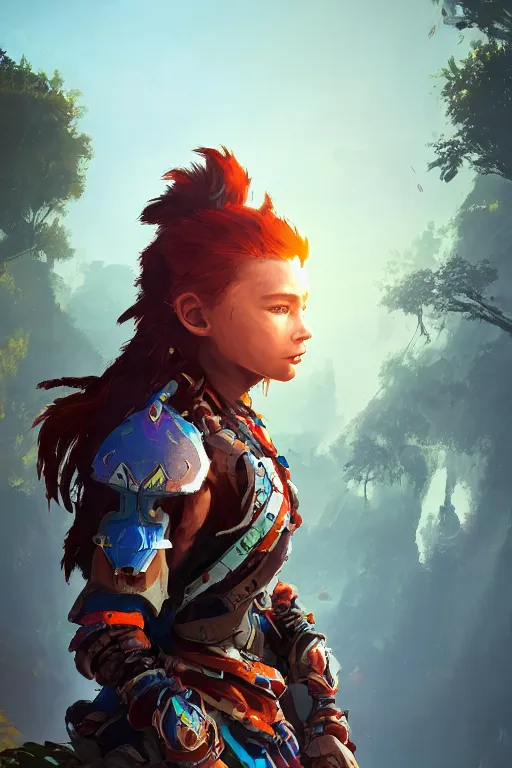 Image similar to combination suit armor aloy horizon forbidden west horizon zero dawn radiating a glowing aura global illumination ray tracing hdr fanart arstation by ian pesty and alena aenami artworks in 4 k tribal robot ninja mask helmet backpack