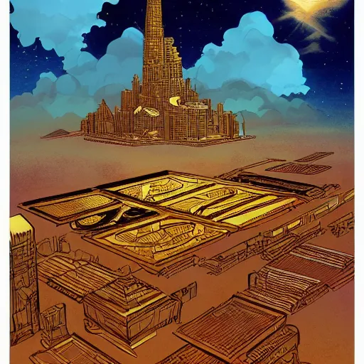 Image similar to the golden city of the gods in the clouds by killian eng and moebius