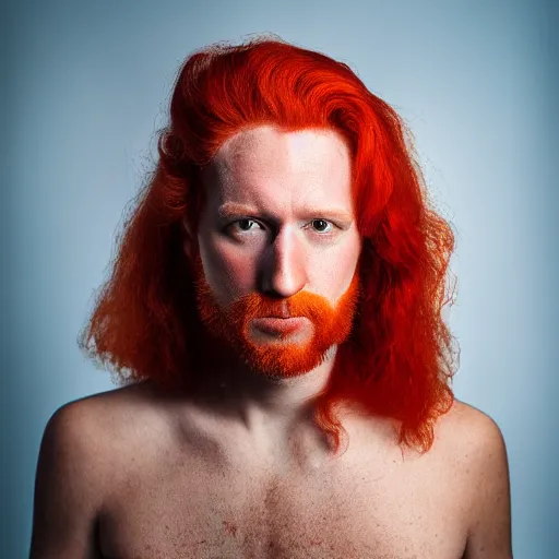 Prompt: a color photo portrait of a man with red hair in the style of richard avedon, 7 5 mm lens, studio lighting.