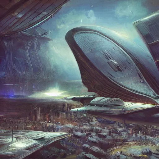 Image similar to thousands of people next to a big spaceship, fantasy art