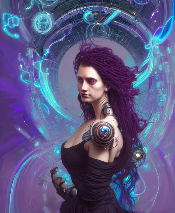 Image similar to a whirlwind of souls rushing inside the metaverse, half body, jewelry, hologram, dreads, android, cyborg, cyberpunk face, by loish, d & d, fantasy, intricate, elegant, highly detailed, colorful, vivid color, digital painting, artstation, concept art, art by artgerm and greg rutkowski and alphonse mucha