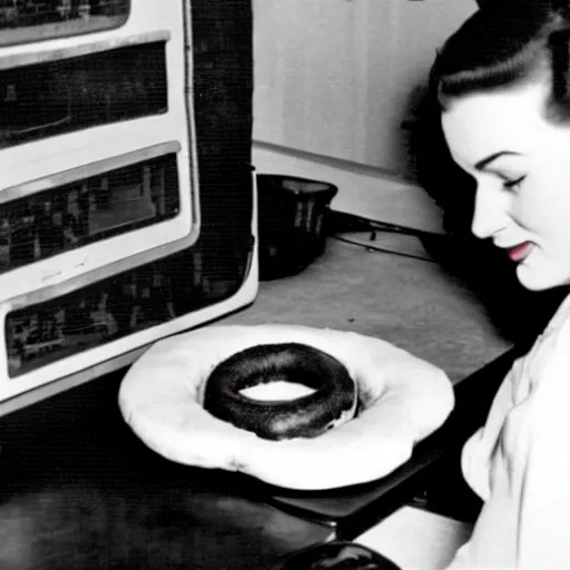 Prompt: an early 1950s photo of someone on a computer making a donut in blender