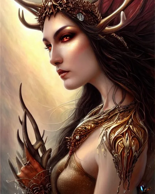 Image similar to a female sorceress with antlers by karol bak and vargas, beautiful detailed eyes, cute, fantasy, intricate, elegant, highly detailed, digital painting, 4 k, hdr, concept art, detailed jewelry, smooth, sharp focus, illustration, art by artgerm