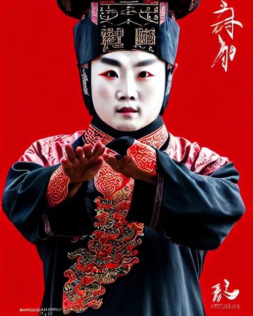 Image similar to photo of a Dramatic Peking Opera male character with arabic text calligraphy words painted on face in the style of stefan kostic, realistic, sharp focus, symmetric, 8k high definition, insanely detailed, intricate, elegant, art by stanley lau and artgerm, William-Adolphe Bouguereau