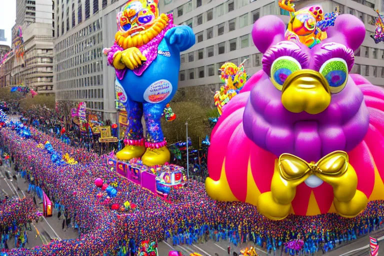 Image similar to photo of giant beautiful elaborate parade float character designed by lisa frank and geof darrow, in the macys parade, detailed 4 k photo,