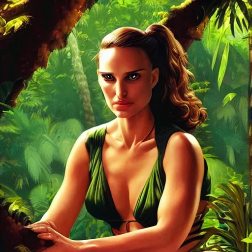 Image similar to Natalie Portman sitting in a jungle, joe Jusko, artstation, 8k photo, frank Frazetta, digital art