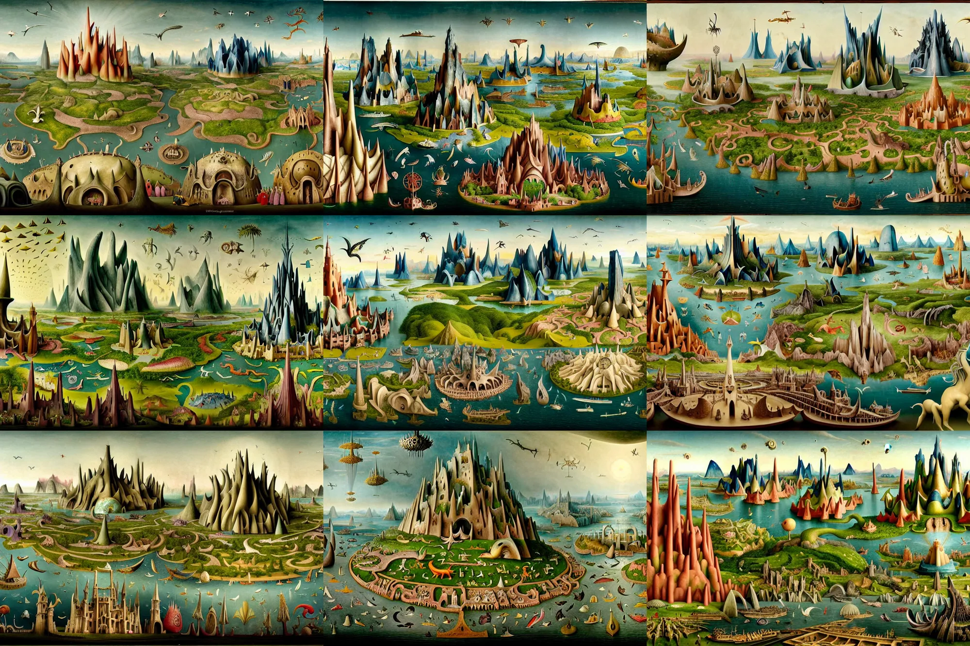 Prompt: a beautiful and insanely detailed matte painting of a magical mythical medieval sprawling civilization with surreal architecture designed by Heironymous Bosch, mega structures inspired by Heironymous Bosch's Garden of Earthly Delights, creatures of the air and sea inspired by Heironymous Bosch's Garden of Earthly Delights, ships in the harbor inspired by Heironymous Bosch's Garden of Earthly Delights, vast surreal landscape and horizon by Jim Burns and Tyler Edlin, rich pastel color palette, masterpiece!!, grand!, imaginative!!!, whimsical!!, epic scale, intricate details, sense of awe, elite, fantasy realism, complex layered composition!!