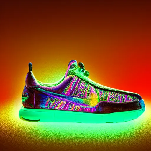 Prompt: extremely detailed realistic advertsing photograph of a ciberpunk mayan sneakers with neon lights by nike, bokeh, product shot view in studio, ArtStation, CGSociety