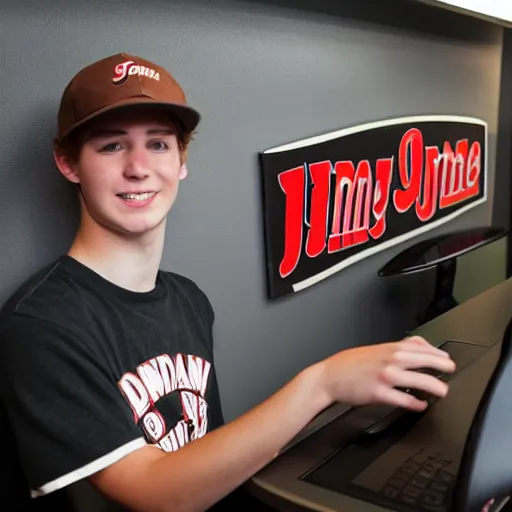 Image similar to 21 year old Jimmy John’s manager with a round head, pale skin and brown curly hair is wearing a black baseball cap and tapping a computer screen on the wall