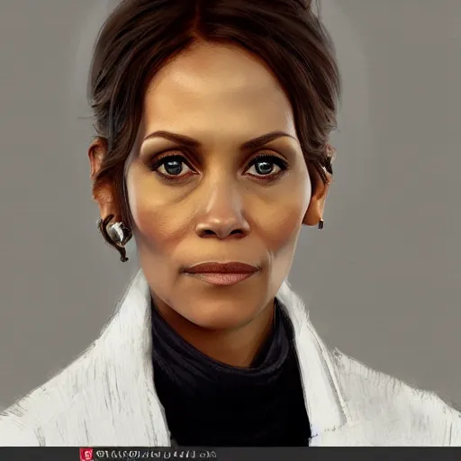 Image similar to portrait of maci holloway, first woman elected as president in usa, cold but beautiful, about 3 5 years old, highly detailed, mix of halle berry and julia roberts, gong li, olga kurylenko, artstation hd, deviantart, by artgem, greg rutkowski