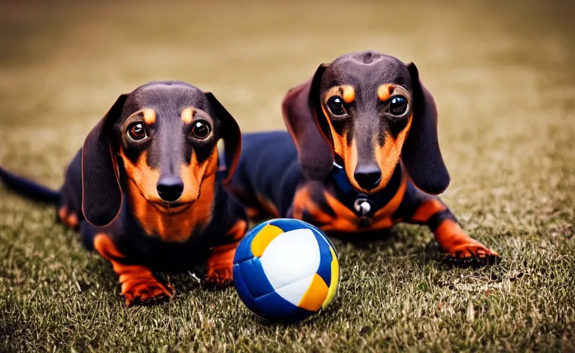 Image similar to happy dachshund catching a ball, detailed fur, soft, suit, suitcase, business outfit, photography, animal portrait
