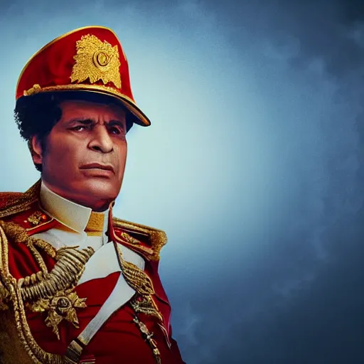 Prompt: portrait of muammar kadhafi as emperor napoleon in fallout, splash art, movie still, detailed face, cinematic lighting, dramatic, octane render, long lens, shallow depth of field, bokeh, anamorphic lens flare, 8 k, hyper detailed, 3 5 mm film grain