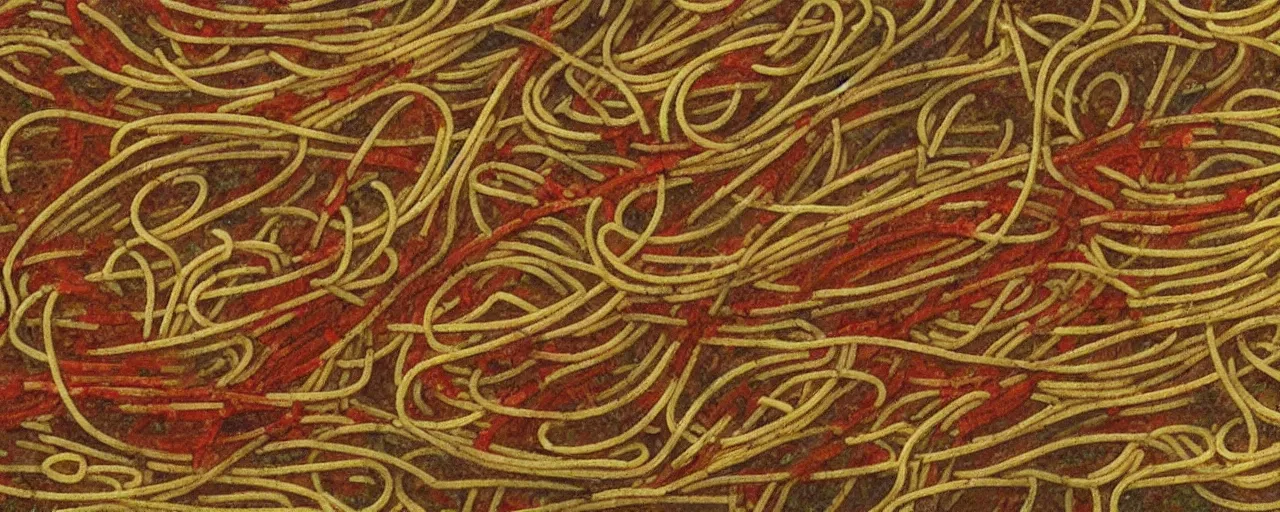 Image similar to ancient manuscripts detailing spaghetti, fine detail