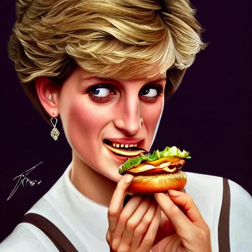 Prompt: portrait of a Princess Diana eating a hamburger, extra onions and ketchup, luscious patty with sesame seeds, masculine, handsome, D&D, fantasy, intricate, elegant, highly detailed, digital painting, artstation, concept art, matte, sharp focus, illustration, art by Artgerm and Greg Rutkowski and Alphonse Mucha