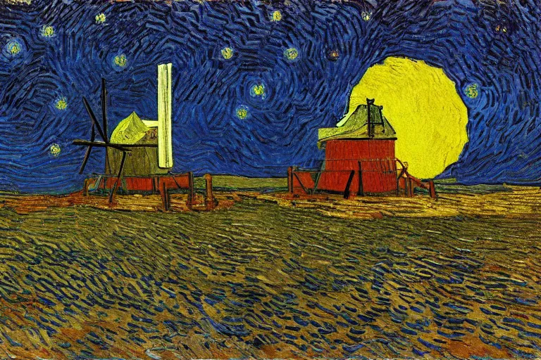 Prompt: windmill on the surface of the moon, circus, magical, warm light by van gogh