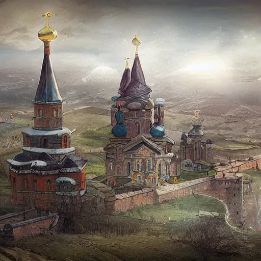 Prompt: photo ancient Russian city of Kitezh, concept art, fantasy cityscape, ancient Russian architecture, terem,