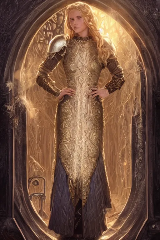 Prompt: beautiful cottagecore mage blonde braided hair opening a portal gate, heavy cloak leather armor, castle, fantasy character portrait, ultra realistic, intricate, elegant, highly detailed, digital painting, artstaion, smooth, sharp, focus, illustration, art by artgerm and greg rutkowski and alphonse mucha