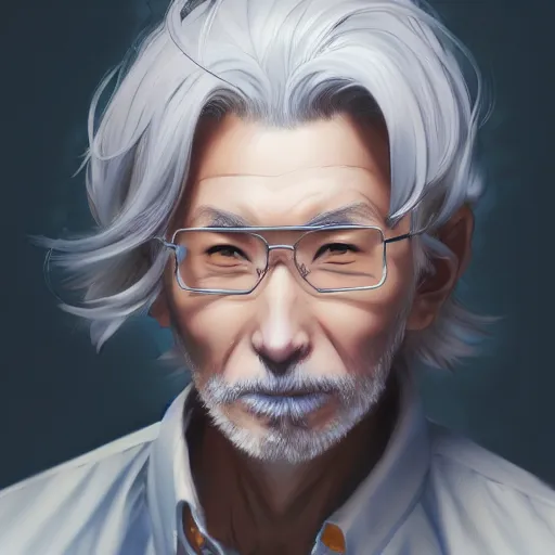 Image similar to anime portrait of a middle aged man, silver hair by Stanley Artgerm Lau, WLOP, Rossdraws, James Jean, Andrei Riabovitchev, Marc Simonetti, and Sakimichan, trending on artstation