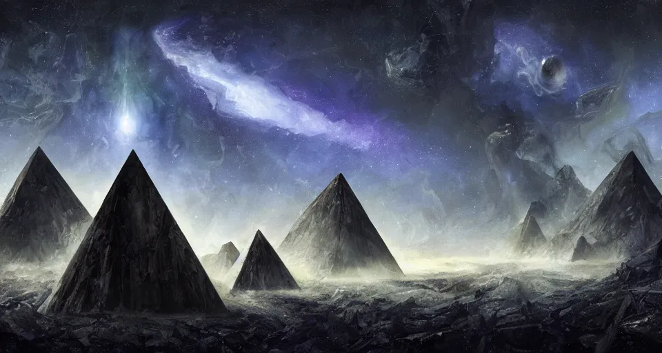 Image similar to black lovecraftian eldritch!! large obsidian pyramid!! surrounded by black flat ground, cosmic sinister space!, bright stars, nebula, sky background by eugene von guerard, ivan shishkin, night, concept art, trending on artstation, 8 k