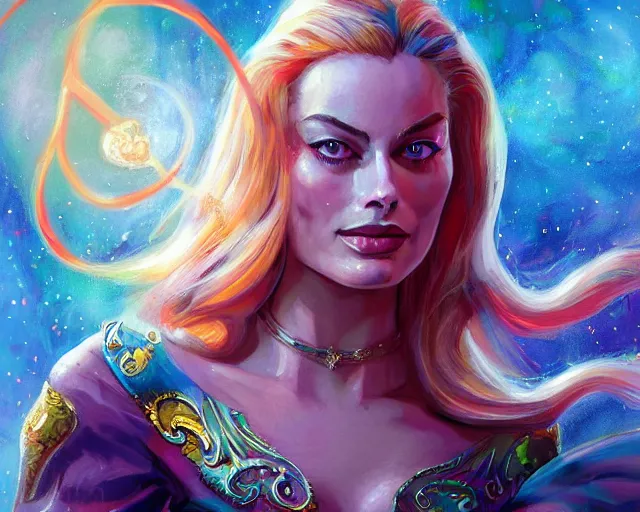 Image similar to margot robbie as a beautiful magician casting colorful spells, fantasy art, in the style of JAMES MCCARTHY, illustration, epic art, fantasy, intricate, elgant, amazing detail, digital painting, artstation, concept art, smooth, sharp focus