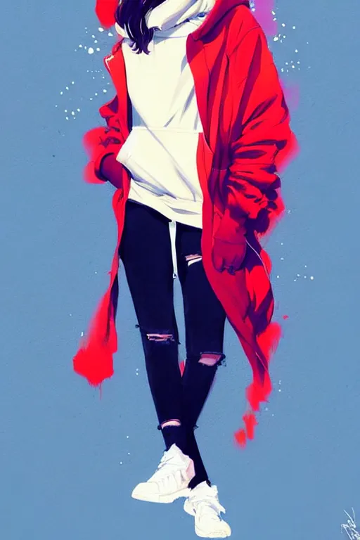 Prompt: a ultradetailed painting of a stylish girl in a oversized hoodie and sneakers by conrad roset, greg rutkowski and makoto shinkai trending on artstation