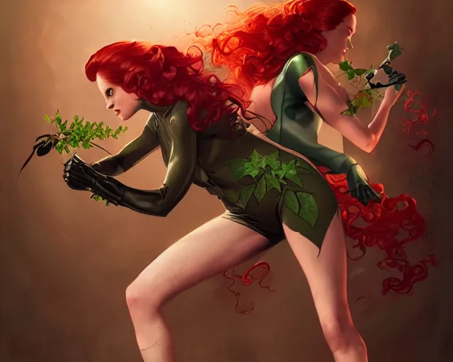 Image similar to poison ivy and Batman battle, illustration, artstation, cinematic lighting, hyperdetailed, cgsociety, 8k, high resolution, Charlie Bowater, Tom Bagshaw, Norman Rockwell, insanely detailed and intricate, prison background