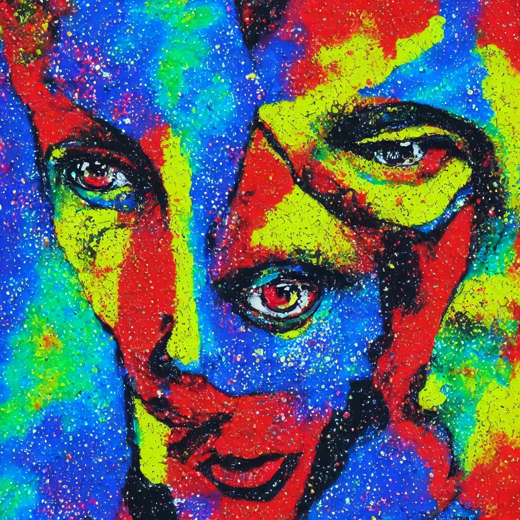 Image similar to intricate face with dots of paint melting in to a colorful painting made of gouache impasto