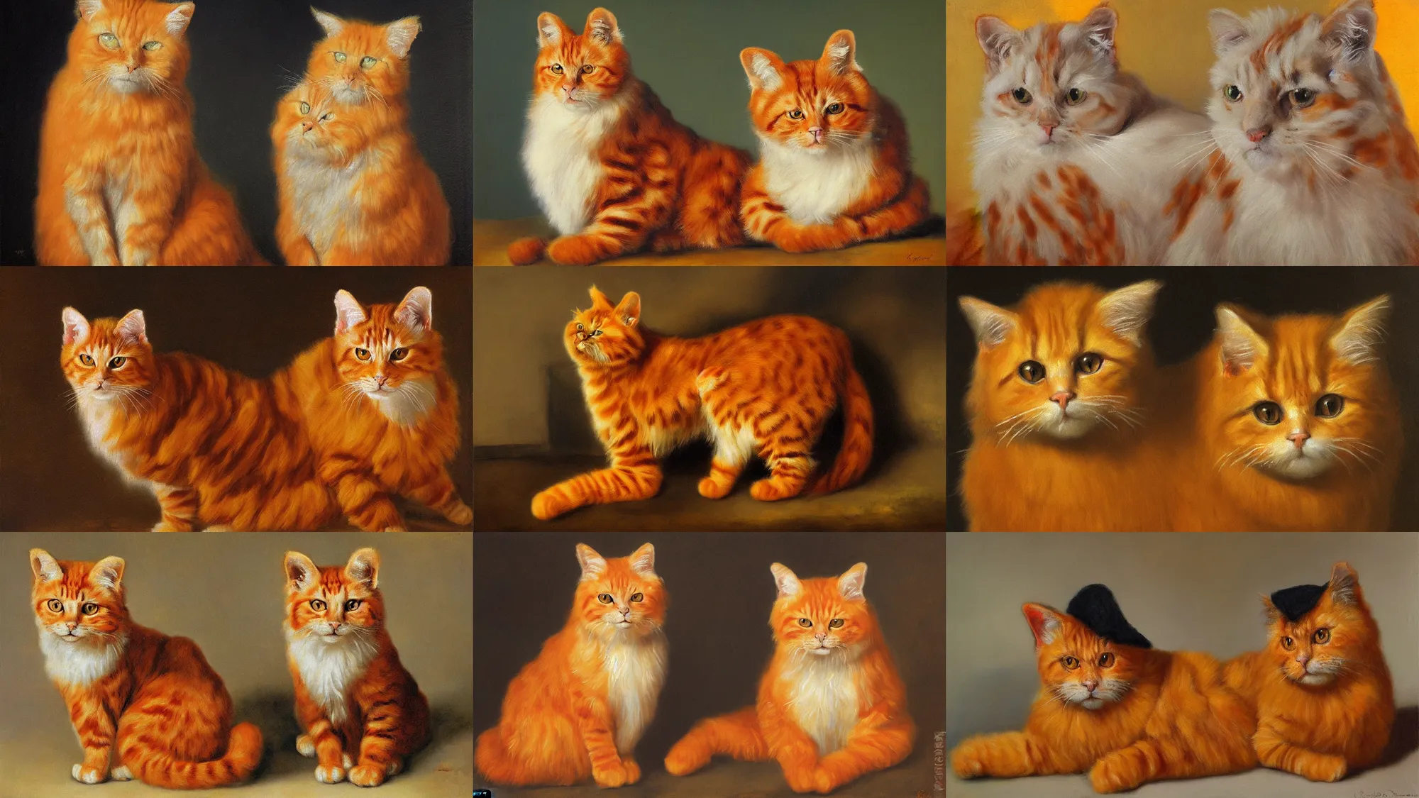 Prompt: fluffy orange - eared cat, oil painting by rembrandt