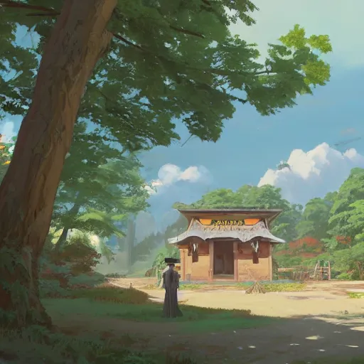 Image similar to concept art painting of a historic bakery with european and japanese architecture, in a woodland village surrounded by trees and mountains, realistic, detailed, cel shaded, in the style of makoto shinkai and greg rutkowski and james gurney