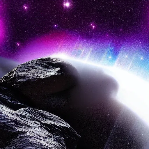 Image similar to “waterfall falling from asteroids in space, purplish space in background, 8k, realistic, cinematic, elegant”