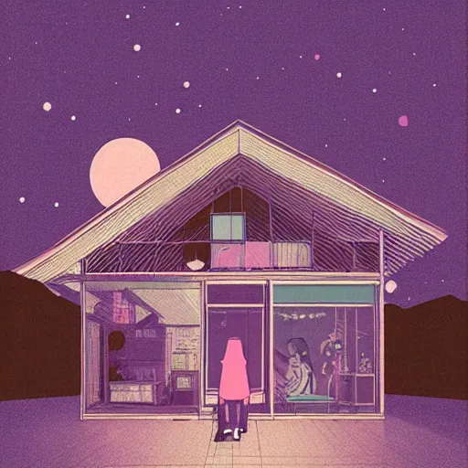 Prompt: a vinyl on a 8 0 s japanese house by inio asano, beeple and james jean, aya takano color style, 4 k, super detailed, night sky, digital art, digital painting, celestial, majestic, colorful