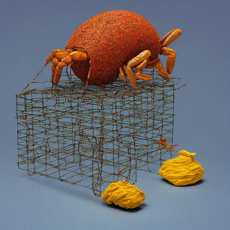 Prompt: hyperrealistic sculpture of a coccyx worm hermit crab dusted with saffron and deep blue and hunter green spraypaint in a grid cage on a pedestal by ron mueck and duane hanson and lee bontecou, hyperrealistic dramatic colored lighting trending on artstation 8 k