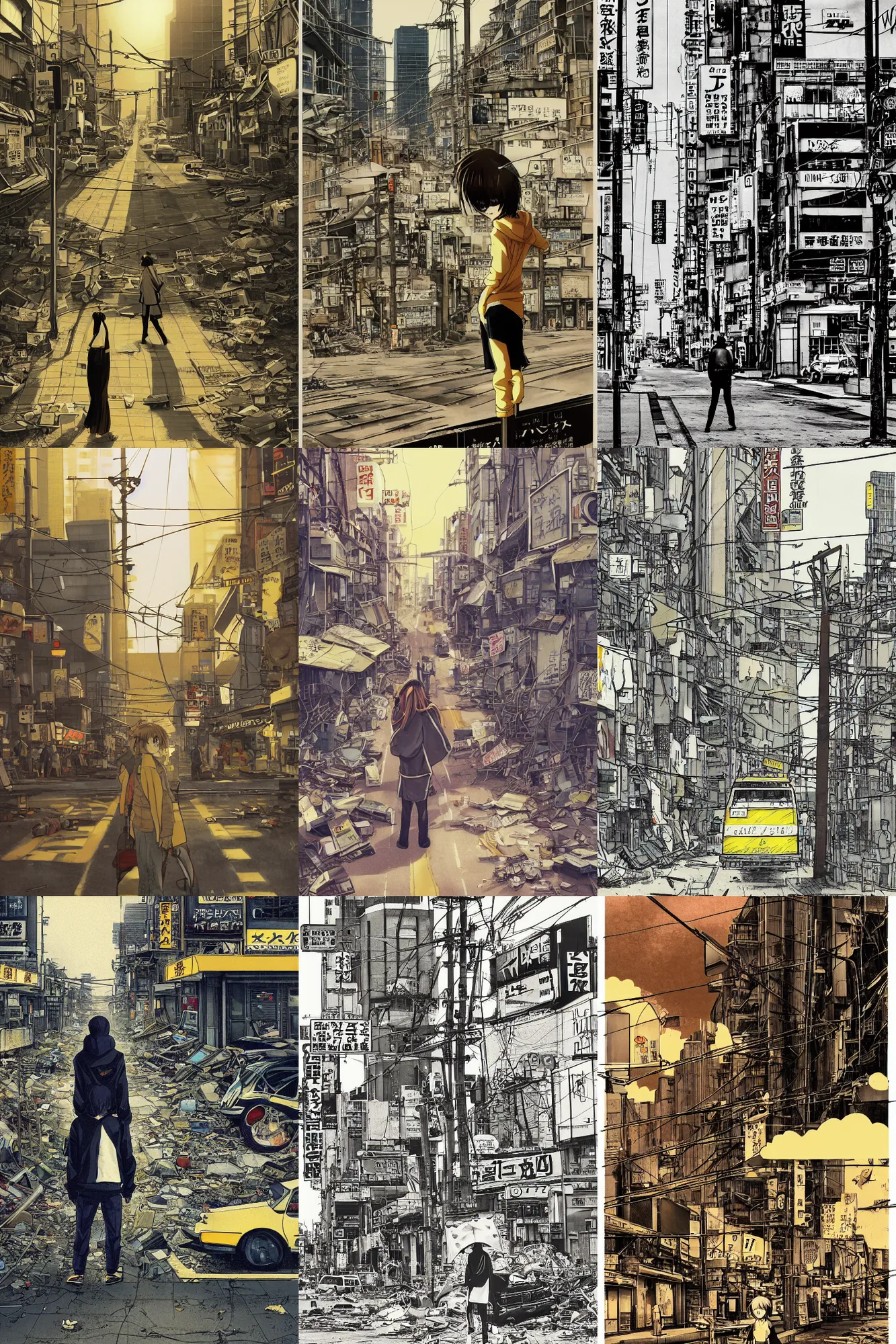 Prompt: anime, tatsuyuki tanaka movie poster, pale yellow sky, crosswalk, shinjuku, koji morimoto, masamune shirow, foggy, colossal robot, bright sun bleached ground, paper texture, distant shot of hoody girl sitting in deserted dusty shinjuku junk town, old pawn shop, tangled overhead wires, telephone pole, dusty, dry, 4k, dynamic camera angle, deep 3 point perspective, fish eye, dynamic scene
