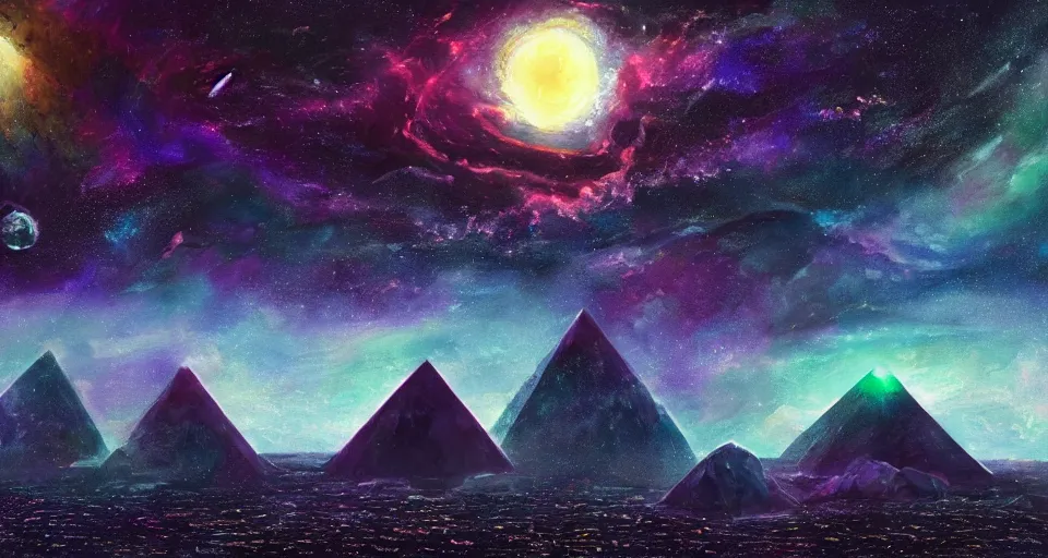Prompt: black lovecraftian eldritch!! obsidian! pyramid!! surrounded by dark reflective sea, cosmic colorful space!, bright stars, nebula, sky background by eugene von guerard, ivan shishkin, night, concept art, trending on artstation, 8 k