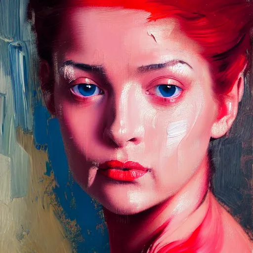 Prompt: Oil painting expressionist Portrait of a female with vibrant red and pink background, actress, defined upper body, orientalist portrait of female sage, fantasy, face, intricate, elegant, highly detailed, oil painting, artstation, concept art, smooth, sharp focus, illustration, art by Heady Tale and Francis Bacon and Artem Demura and Norman Rockwell. Jamie Hewlett, Ralph Steadman