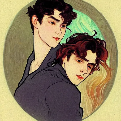 Image similar to painting of young cute handsome beautiful dark medium wavy hair man in his 2 0 s named shadow taehyung and cute handsome beautiful min - jun together at the halloween! party, bubbling cauldron!, candles!, smoke, autumn! colors, elegant, wearing suits!, clothes!, delicate facial features, art by alphonse mucha, vincent van gogh, egon schiele