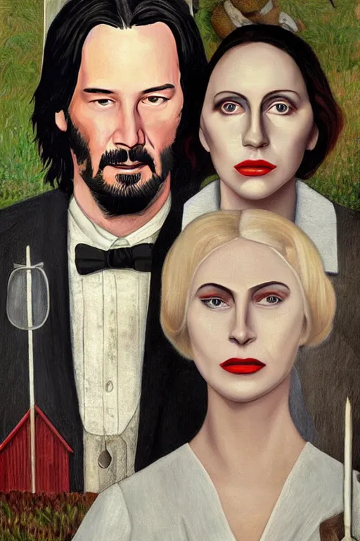 Image similar to painting of Keanu Reeves and Lady Gaga as the couple in American Gothic in the style of Grant Wood