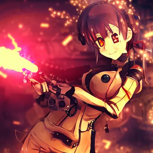 Prompt: anime girl destroying steampunk robots with guns with a steampunk katakana, epic, extremely detailed, sparks, particles, cinematic lighting,